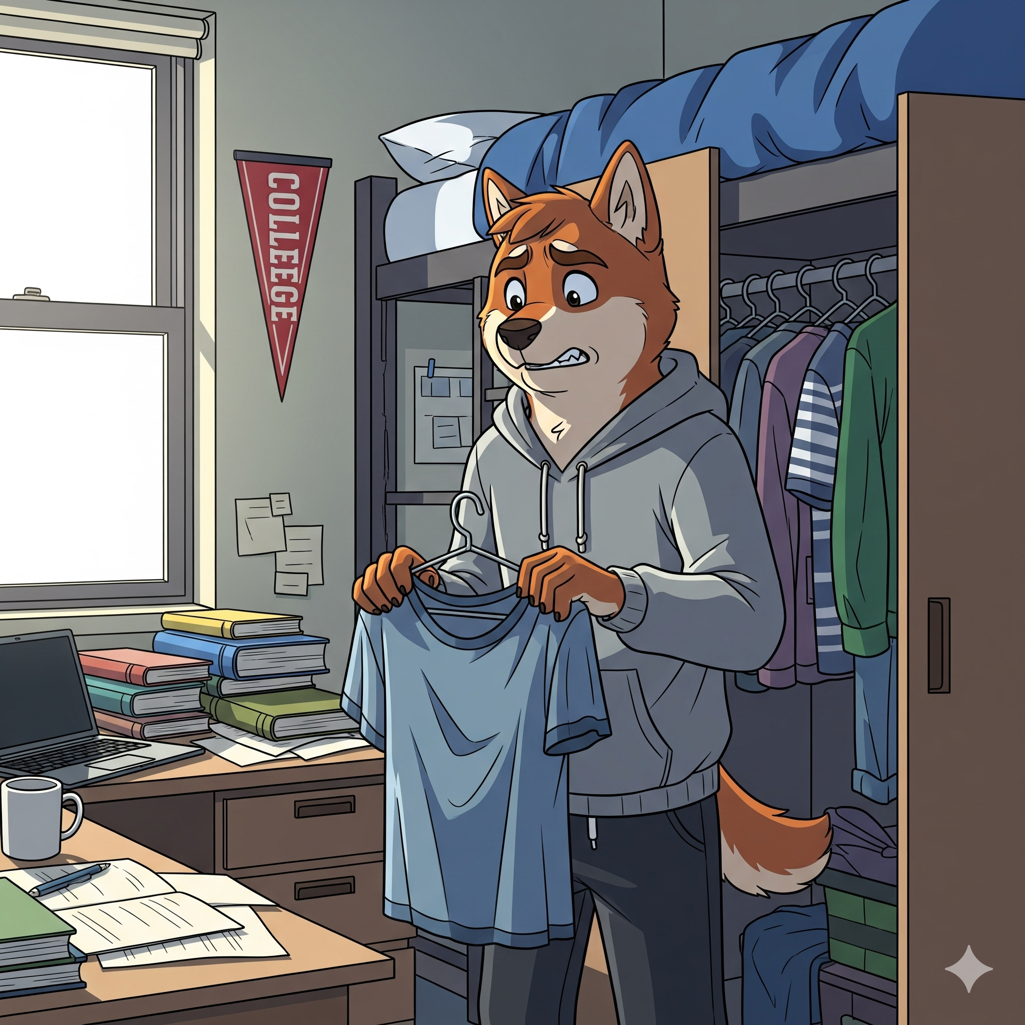 Alex looking stressed about his wardrobe in his dorm room.