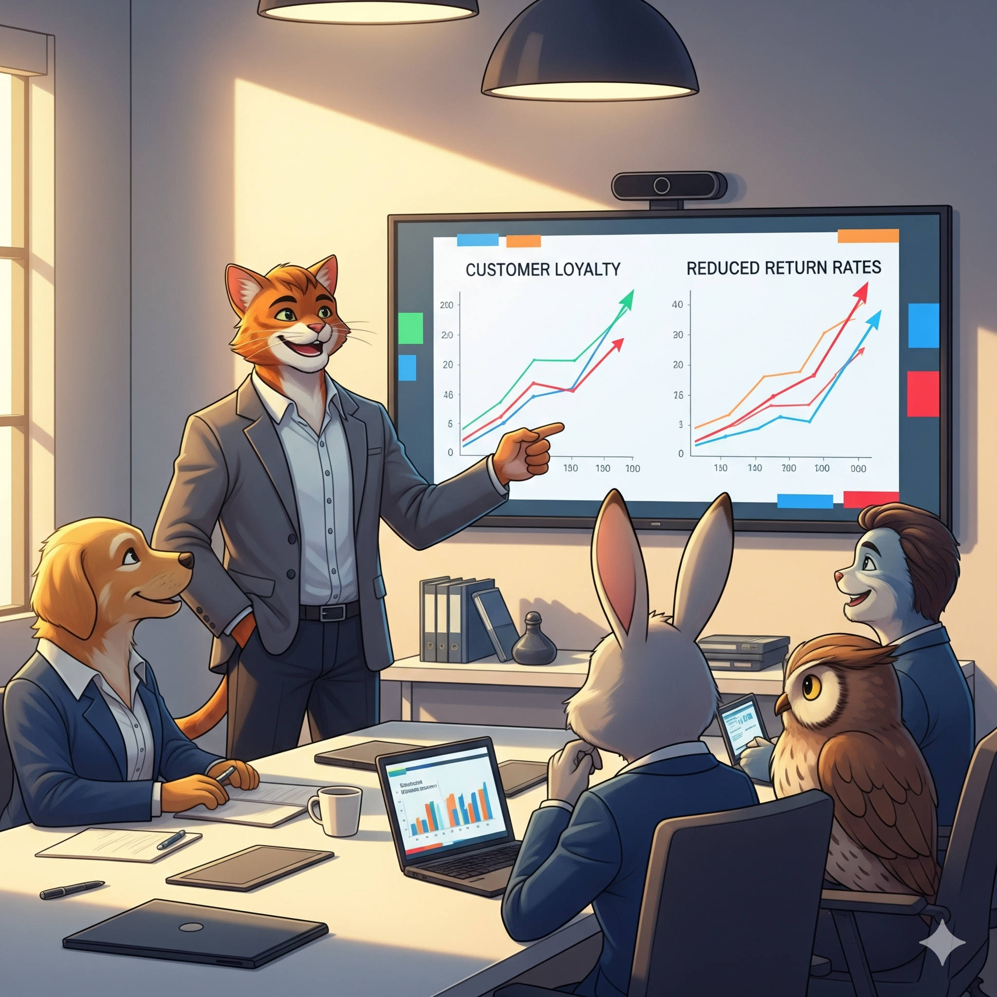 David looking confident in a meeting, presenting successful results.
