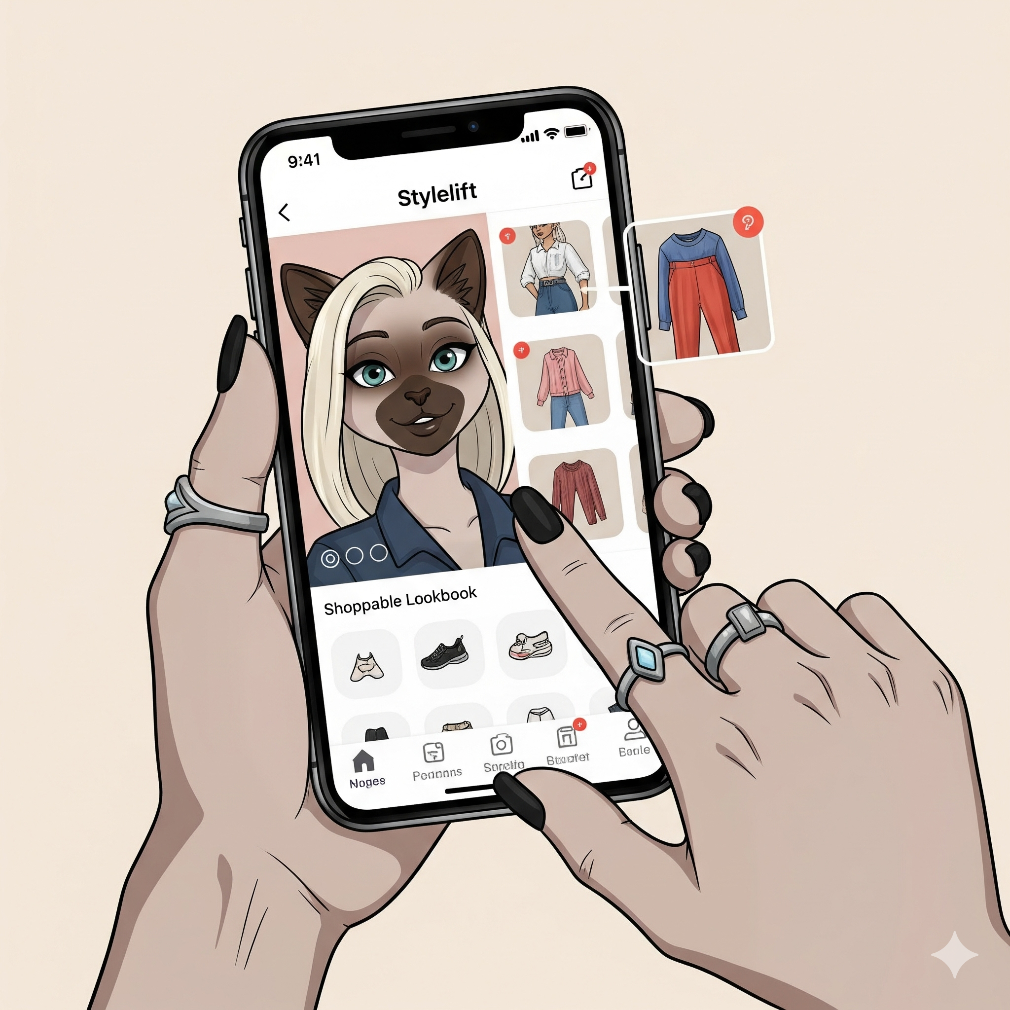 A user interface showing a selfie being turned into a shoppable look on Stylelift.